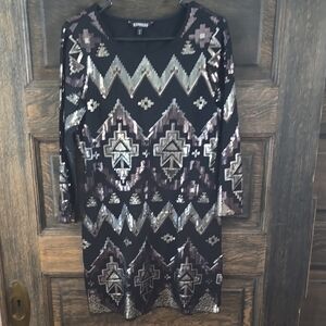 Express Black and Silver Sheath Dress Long Sleeve Crew Neck